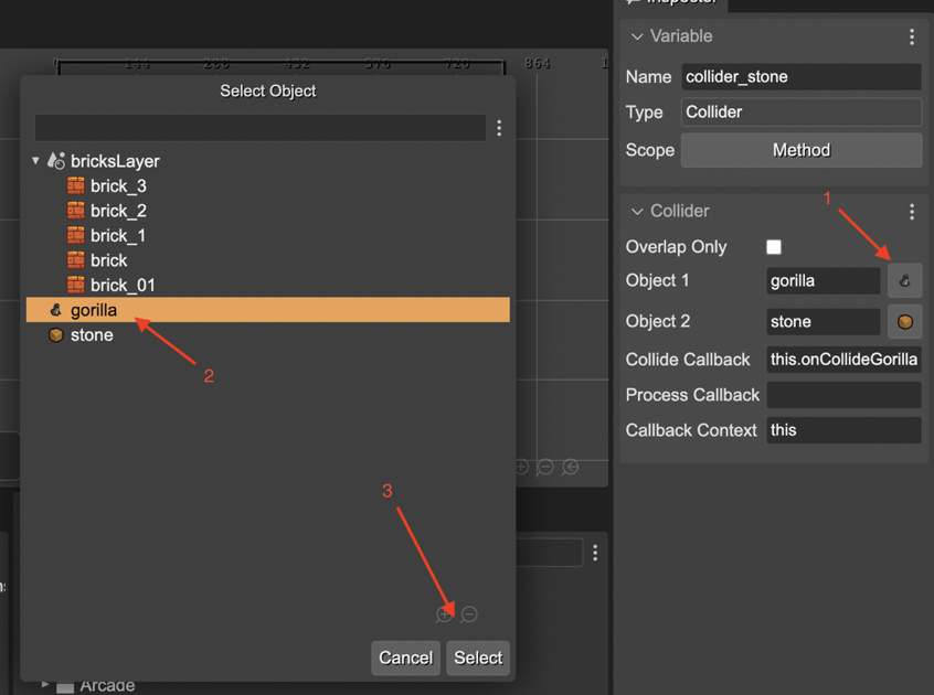 Select a variable name of an object of the scene.