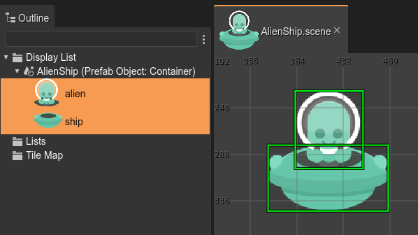 AlienShip, a prefab with nested prefabs.