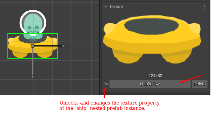 Changing the texture property of a nested prefab instance.