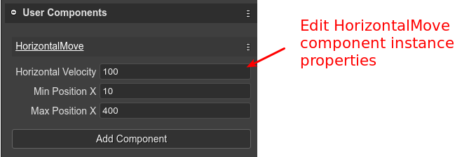 Edit the user component instance properties.